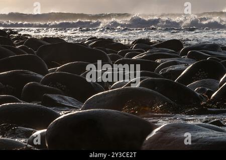 Abgerundete schwarze Steine und Brandung, Unnstad Strand auf der Lofoten Insel Vestvagoya Lofoten, Nordnorwegen, Norwegen, Europa Stockfoto