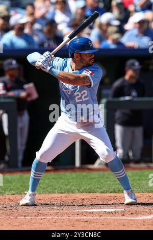 Kansas City, MO, USA. September 2024. Kansas City Royals ernannte den Hitter Tommy Pham (22) Bats gegen die Minnesota Twins im Kauffman Stadium in Kansas City, MO. David Smith/CSM/Alamy Live News Stockfoto