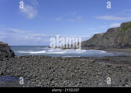 Warren Beach, Küstenlandschaft, Hartland Quay, Stoke, Hartland, England, Großbritannien Stockfoto