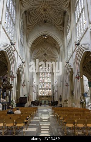 Innenansicht, Buntglasfenster, Bath Abbey, Bath, England, Großbritannien Stockfoto