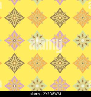 Geometrisches, nahtloses Blumenmuster in Retro-Pastellfarben auf senfbgelbem Hintergrund, Wiederholung der Diamantfliesen im Stil der Mitte des Jahrhunderts Stock Vektor