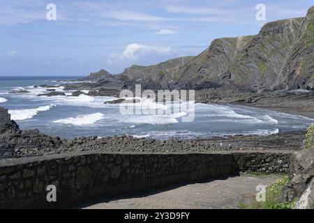 Warren Beach, Küstenlandschaft, Hartland Quay, Stoke, Hartland, England, Großbritannien Stockfoto