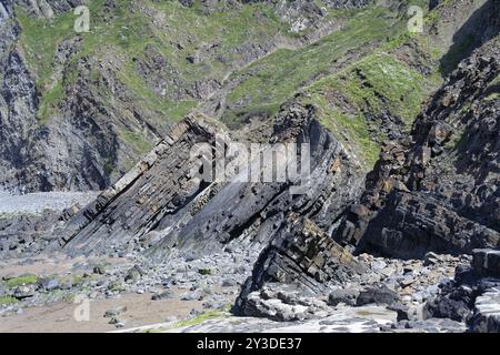 Felsen am Warren Beach, Küstenlandschaft, Hartland Quay, Stoke, Hartland, England, Großbritannien Stockfoto
