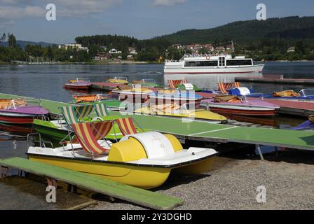 Tretboote am Strand, Schluchsee, Deutschland, Europa Stockfoto