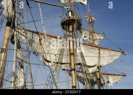 Quadratische Segel auf einem Segelschiff, Flensburg, Schleswig-Holstein, Deutschland, Europa Stockfoto