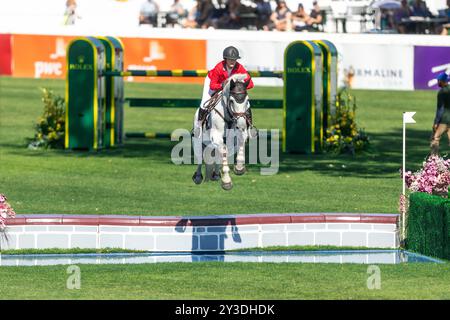 Calgary, Kanada - 7. September 2024. Geraldine Straumann aus der Schweiz, fährt Long John Silver 3, tritt im BMO Nations Cup während der CSIO Fruce an Stockfoto