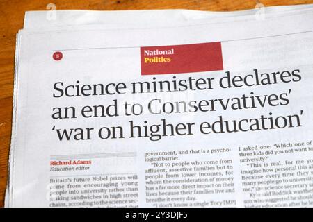 "Der Wissenschaftsminister erklärt ein Ende der (Tory-)Konservativen "Krieg gegen die Hochschulbildung" Guardian-Zeitung Schlagzeile Politik artikel 7 September 2024 Vereinigtes Königreich Stockfoto