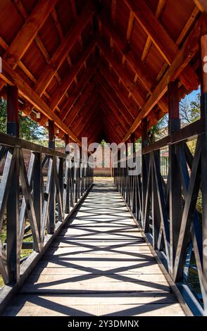 Perspektivischer Blick durch Fußgängerbrücke mit Holzgiebeldach Stockfoto