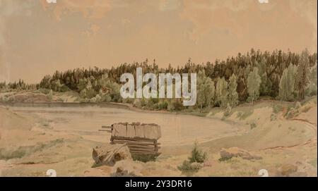 Järvenlahti-Landschaft, eine alte Scheune im Vordergrund und ein bewaldetes Ufer im Hintergrund, 1857. Stockfoto
