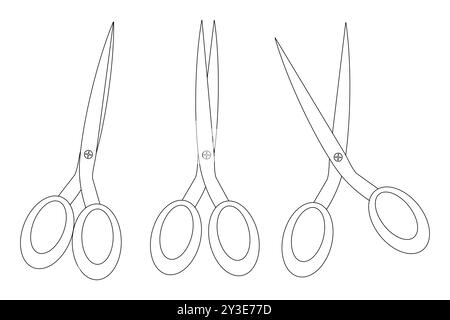 Einfache schwarz-weiße Vektor-Illustration von Scheren, perfekt zum Ausmalen von Büchern oder Back-to-School-Designs. Enthält drei verschiedene Scheren. Stock Vektor