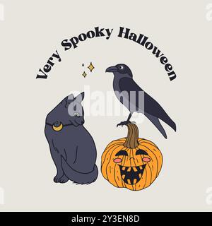 Karte oder Poster mit niedlicher Halloween-Hexe und Krähe, die auf Kürbis sitzt Stock Vektor