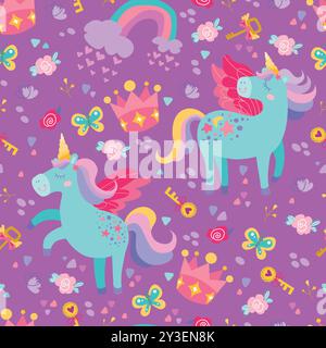 Magisches Einhornmuster für Kinder. Niedliche nahtlose Ornament Hand gezeichnet mit Einhörnern, Regenbogen, Sternen. Vektor-Textur für Kinder Bettwäsche, Stoff, Tapete, Stock Vektor