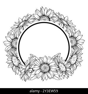 Sonnenblumenkranz. Runder Blumenrahmen mit schwarzer Tinte. Blumenskizze im Umrissstil. Vektor-Monochrom-Illustration mit Linienkunstblumen. Stock Vektor