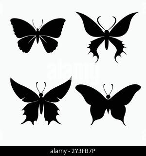 Elegante Schmetterling Icons Vektor Set, Stilvolle Schwarze Schmetterling Silhouetten Pack, Schöne Schwarze Schmetterling Icons Vektor Bundle. Stock Vektor