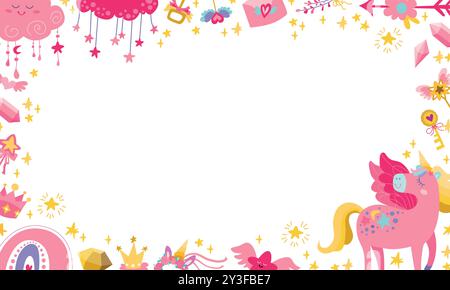 Niedliches magisches Einhorn-Rahmendesign für Notizen, Haftnotizen, Planer, Notizblock-Hintergrundvorlage. Vektor-Kinderillustration auf weißem Hintergrund. Stock Vektor