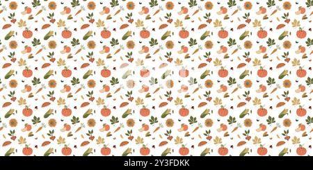 Karomuster im Herbst. Digitale Kürbispapiere nahtlose Datei. Halloween-Hintergrund mit Apfel, Thanksgiving Day Pie, Karotte, gefallenen Blättern. Vektorbeleuchtung Stock Vektor