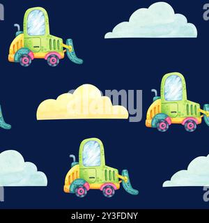 Grüner Truck im Cartoon-Stil auf dunkelblauem Hintergrund mit schwimmenden blauen und gelben Wolken. Nahtloses Clipart mit Wasserfarben. Perfekt für die Einrichtung im Kinderzimmer, Geschenkverpackung oder individuelle Stoffmotive Stockfoto