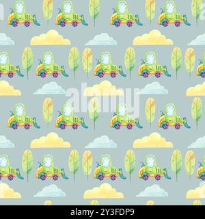 Grüne Trucks mit blauen Fenstern, hohe grüne Bäume, gelbe Wolken auf blauem Hintergrund. Nahtloses Muster im Cartoon-Stil, Aquarell-Clipart. Ideal für Kinderbettwäsche, Schreibwaren und Wandkunst Stockfoto