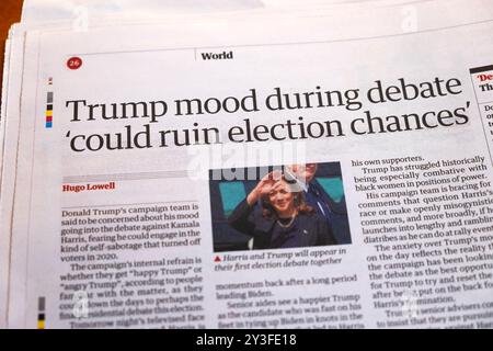 Donald 'Trump Stimmung während der Debatte 'könnte Wahlchancen ruinieren' Guardian-Zeitung Schlagzeile US-wahlartikel London England Großbritannien 10. September 2024 Stockfoto