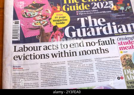 "Labour Acts to End no-fault-Dedictions within Months" Guardian-Zeitung Schlagzeile Titelseite Wohnungskrisengesetz artikel 7 September 2024 London UK Stockfoto