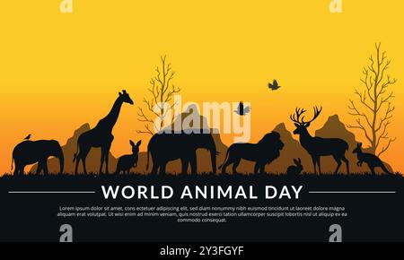 Hintergrund des Welttages der Tiere, Silhouette der Tiere mit Giraffe, Elefant, Löwe, Hirsch, Känguru, usw. geeignet für Grußworte, Banner, Poster, Vorlagen Stock Vektor