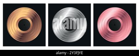 Satz von Schallplatten in Metallic-Farben. Bronze, Silber, rosa, metallisch gefärbte Vinylscheiben. Vektorabbildung Stock Vektor