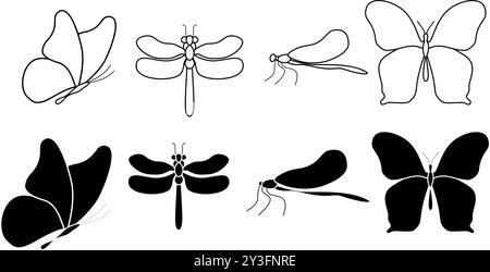 Symbole für Schmetterlingslinien gesetzt. Kollektion mit Symbolen im linearen Stil, Umrissschilder. Insekten Tiere Vektorgrafiken. Set enthält Symbole wie Schmetterlingsflügel, Stock Vektor