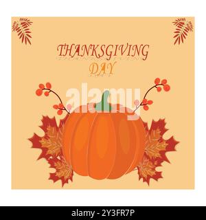 Thanksgiving-Themenabbildung mit gebratenem truthahn, Kürbis, Herbstblättern und Pilgerhut, perfekt für eine Vielzahl von festlichen Produkten. Stock Vektor