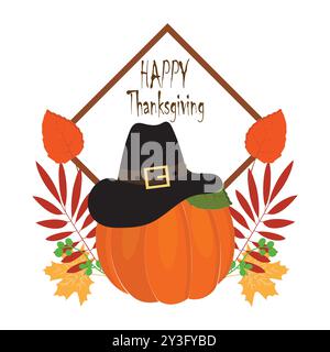 Thanksgiving-Themenabbildung mit gebratenem truthahn, Kürbis, Herbstblättern und Pilgerhut, perfekt für eine Vielzahl von festlichen Produkten. Stock Vektor