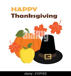 Thanksgiving-Themenabbildung mit gebratenem truthahn, Kürbis, Herbstblättern und Pilgerhut, perfekt für eine Vielzahl von festlichen Produkten. Stock Vektor