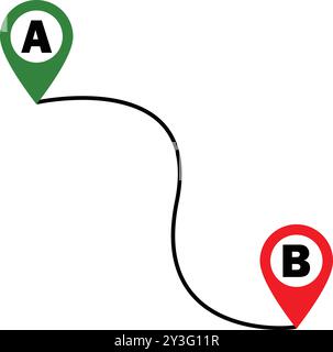 Punkt der Position anheften, zwei-Punkt-Position, GPS-Navigation zwischen Punkt, Symbol der Routenkarte, Markierung der Navigationslinie, Abstand zwischen zwei Punkten Stock Vektor