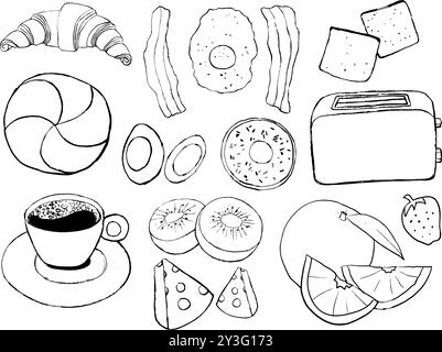 Sammlung von Frühstücksoptionen handgezeichnet Illustration, Kaffee, Brot, Eier, Speck, Orange, Croissant Stock Vektor