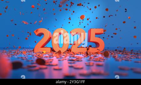 2025 orangefarbener Text mit Konfetti - Tiefeneffekt - Happy New Year-Karte mit blauem Hintergrund - 3D-Rendering Stockfoto