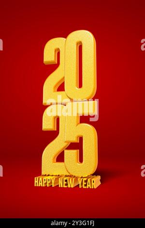 Vertikaler goldener Text 2025 auf rotem Hintergrund – 3D-Rendering Stockfoto