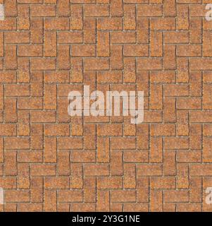 Gemauertes Fischgrätenmuster - wiederholte Mauerwerksplaster. Oft in Städten, Terrassen und Einfahrten zu sehen. Sandbraune, nahtlose Hintergrundstruktur zum Fliesen. Stockfoto