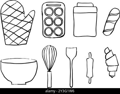 Satz von Bäckereiwerkzeugen Illustration, Bäckereiwerkzeuge, Kritzeleien von Bäckereiwerkzeugen Stock Vektor