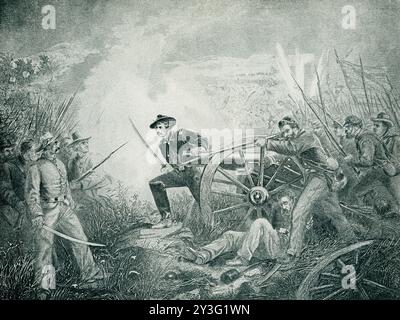 In den verwirrten Kämpfen in der Schlacht von Chickamauga am 19. September 1863 wurde Lt. George Van Pelt von der 1st Michigan Battery getötet. „Der tapfere Van Pelt wurde auf seine Geschütze abgeschossen, nachdem er 64 Schüsse mitten in den Feind abgefeuert hatte, als sie den Hügel hinunterstürzten“, sagte Oberst Benjamin Scribner. Stockfoto