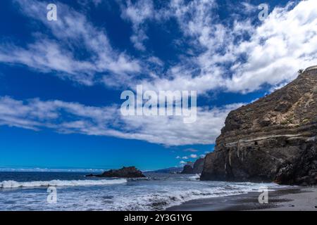 Strand mit schwarzem vulkanischem Sand, grüne Palmen am Hang, gefährliche Wellen, Atlantik, Castro Beach Playa Castro Teneriffe Spanien Stockfoto