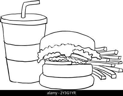 Handgezeichnete Illustration von Burger, Pommes und Limonade, Set von Fast Food, Burger und Pommes Kritzeleien Stock Vektor