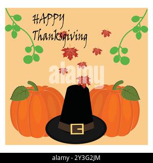 Thanksgiving-Themenabbildung mit gebratenem truthahn, Kürbis, Herbstblättern und Pilgerhut, perfekt für eine Vielzahl von festlichen Produkten. Stock Vektor