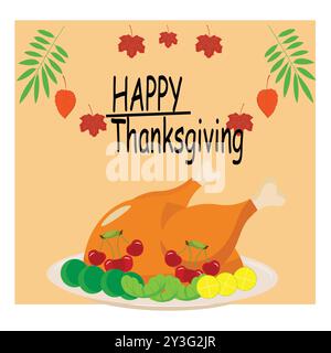 Thanksgiving-Themenabbildung mit gebratenem truthahn, Kürbis, Herbstblättern und Pilgerhut, perfekt für eine Vielzahl von festlichen Produkten. Stock Vektor