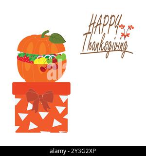 Thanksgiving-Themenabbildung mit gebratenem truthahn, Kürbis, Herbstblättern und Pilgerhut, perfekt für eine Vielzahl von festlichen Produkten. Stock Vektor