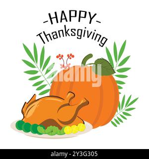 Thanksgiving-Themenabbildung mit gebratenem truthahn, Kürbis, Herbstblättern und Pilgerhut, perfekt für eine Vielzahl von festlichen Produkten. Stock Vektor