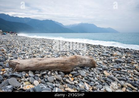 Treibholz an einem felsigen Strand mit Bergen am Qixingtan Beach, Hualien, Taiwan Stockfoto