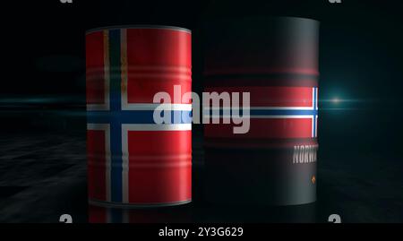 Norwegen Erdöl Rohöl-Brennstofffässer in Row-Konzept. Norwegisches Benzingeschäft und Industriecontainer für die Kraftstoffförderung 3D-Abbildung. Stockfoto