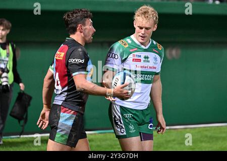 Spielaktionen und Spielbilder während des Spiels zwischen Benetton Rugby und Harlequins FC im Monigo Stadium, TrevisoÂ 13. September 2024 während Benetton Rugby vs Harlequins FC, Rugby Test Match in Treviso, Italien, 13. September 2024 Stockfoto