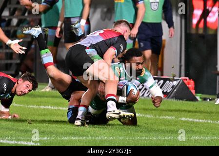 Spielaktionen und Spielbilder während des Spiels zwischen Benetton Rugby und Harlequins FC im Monigo Stadium, TrevisoÂ 13. September 2024 während Benetton Rugby vs Harlequins FC, Rugby Test Match in Treviso, Italien, 13. September 2024 Stockfoto