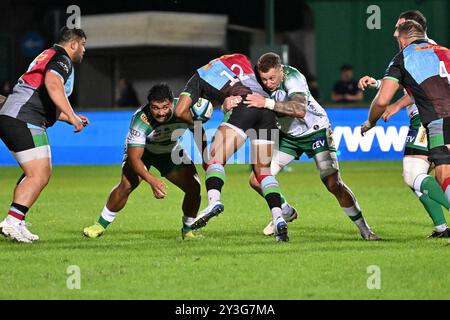 Spielaktionen und Spielbilder während des Spiels zwischen Benetton Rugby und Harlequins FC im Monigo Stadium, TrevisoÂ 13. September 2024 während Benetton Rugby vs Harlequins FC, Rugby Test Match in Treviso, Italien, 13. September 2024 Stockfoto