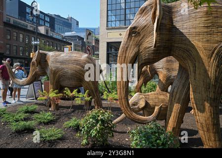 Lebensgroße Elefantenskulpturen sind während der Ausstellung „Great Elephant Migration“ im Chelsea District am 13. September 2024 in New York City zu sehen. Stockfoto