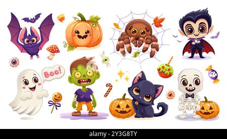 Halloween Vektor Illustration Set mit niedlichem Vampir, Geist, Zombie, Fledermaus, Spinne, Katze, Skelett, Kürbisse und Süßigkeiten Stock Vektor